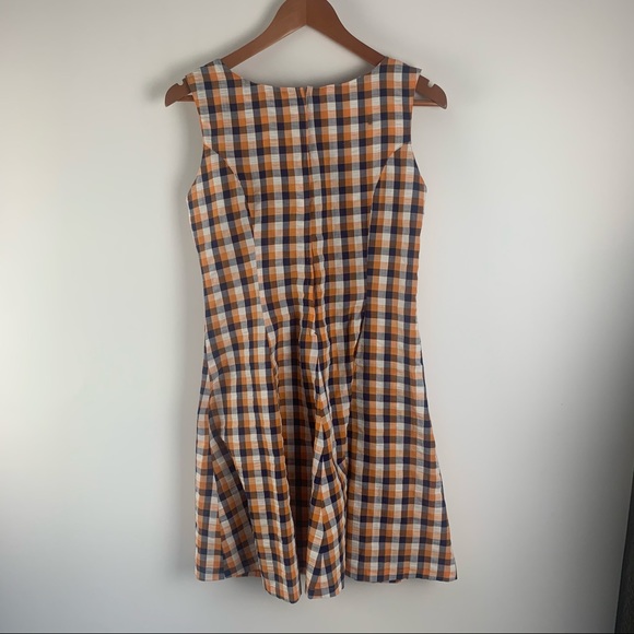 Sakura Sleeveless Orange And Blue Gingham Tie Waist Dress, Size M - Picture 3 of 4